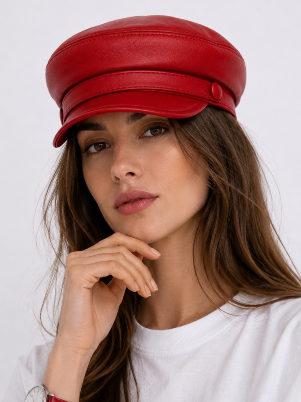 Red Leather Newsboy Cap Beret  Women’s Yacht Captain Sailor Genuine Leather Hat